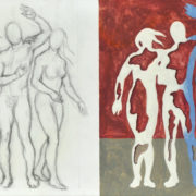 Doppio sviluppo di Roberto Giangori con tre figure: a sinistra studio realistico a matita, a destra silhouettes astratte in rosso, blu e grigio.