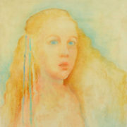 Ritratto di fanciulla di Roberto Giangori con capelli dorati e toni pastello; atmosfera eterea, luce morbida e sguardo delicato.