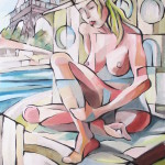Dipinto con figura femminile stilizzata in posa seduta e struttura della Tour Eiffel sullo sfondo.