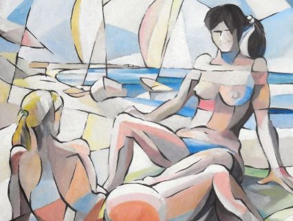 Dipinto astratto‑figurativo con due figure stilizzate sedute in scena marina con barche sullo sfondo.