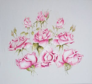 Vera Lowen Rose rosa su seta bianca