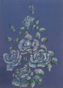 Vera Lowen  rose su seta azzurra 44x61