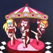 Tre figure femminili stilizzate su giostra pop con cuori e teschi, colori accesi e atmosfera teatrale.
