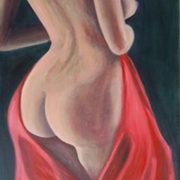 Quadro nudo artistico femminile di spalle con drappo rosso di Clelia Logoluso, dipinto figurativo contemporaneo