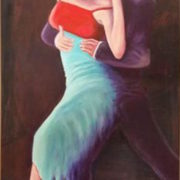 Quadro serie Tango di Clelia Logoluso, dipinto figurativo di coppia di ballerini senza volto in un abbraccio di danza