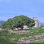 Dipinto di Soletti con edificio antico, albero grande e rovine su prato, titolo Entre ciel et terre