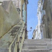 Dipinto di Soletti con scalinata in pietra tra edifici antichi e cielo azzurro, titolo Rue du Pontetto