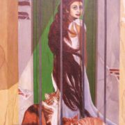 Dipinto di Fiorenzo Isaia raffigurante una donna con lunghi capelli e due gatti rossi e bianchi visti attraverso un'inferriata.