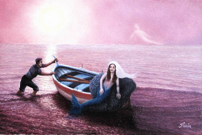 Dipinto di Fiorenzo Isaia con una sirena con velo da sposa su una barca di legno e un pescatore che la spinge al tramonto.