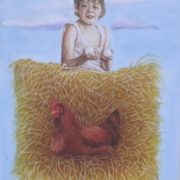 Dipinto di Fiorenzo Isaia raffigurante una gallina in un nido di paglia e un bambino che tiene due uova tra le mani.