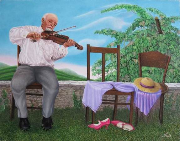 Dipinto di Fiorenzo Isaia con un anziano signore che suona il violino in giardino accanto a sedie vuote con vestiti e scarpe femminili rosa.