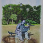 Dipinto di Fiorenzo Isaia con la statua di un pittore macchiaiolo in un parco circondato da gazze ladre e alberi rigogliosi.