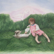 Dipinto di Fiorenzo Isaia raffigurante una bambina che dorme sull'erba vicino a un cagnolino con una figura femminile eterea nel cielo rosa.