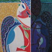 Una figura femminile astratta costruita da contrasti cromatici e forme morbide. Giorgio Mattioli unisce geometria, colore e simbolo in un volto che diventa archetipo: una donna intensa, elegante, sospesa tra modernità e mito.