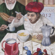 Dipinto di Fiorenzo Isaia raffigurante due uomini a tavola durante la colazione con moka, brocca e pane.