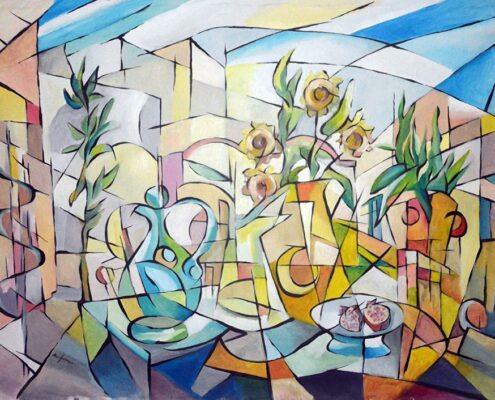 Natura morta cubista con vaso, fiori e frutti in chiave ironica – opera di Mario Gavazzi