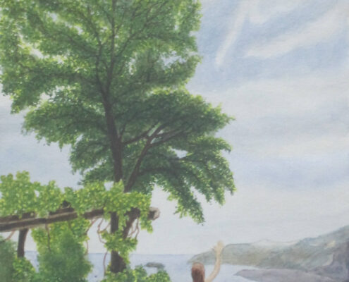 Dipinto di Fiorenzo Isaia con una donna in abito rosso che saluta il cielo nuvoloso da un terrazzo panoramico sul mare.