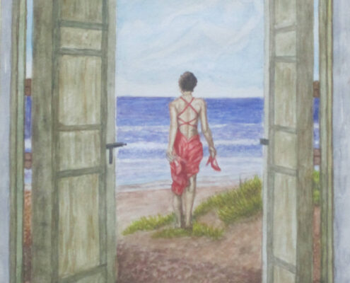 Dipinto di Fiorenzo Isaia con una donna in vestito rosso vista di spalle che cammina verso il mare attraverso una porta spalancata.