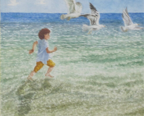 Dipinto di Fiorenzo Isaia con un bambino che corre sulla spiaggia inseguendo dei gabbiani in volo sul mare.