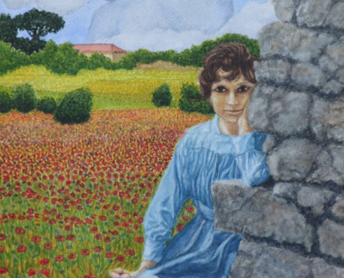 Dipinto di Fiorenzo Isaia con una donna in abito azzurro in un campo di papaveri e un volto maschile formato dalle nuvole nel cielo.