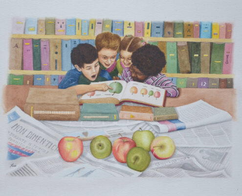 Illustrazione di Fiorenzo Isaia con quattro bambini che sfogliano un libro sulle mele davanti a uno scaffale di libri e mele vere in primo piano.