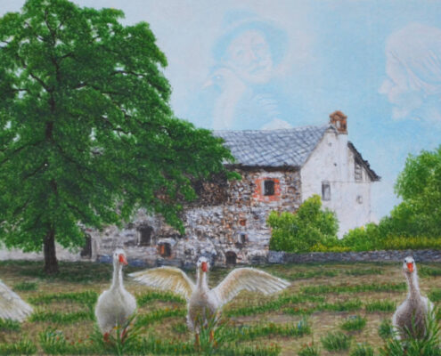 Aia nel verde con casa colonica e oche che avanzano, in una scena toscana di memoria e vita rurale.