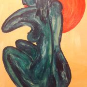 Sonia Paladini, Sole rosso, figura femminile stilizzata in verde scuro sospesa davanti a un sole rosso su fondo giallo.