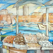 Pescatori al porto con casse di pesce e Fortezza Vecchia sullo sfondo – opera di Mario Gavazzi