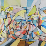 Figura astratta che emerge tra linee nere e campiture colorate – opera di Mario Gavazzi