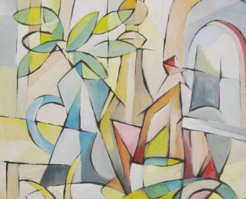 Natura morta astratta con tavolo, vaso e fiore ricomposti in linee e colori – opera di Mario Gavazzi