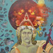Dipinto di Francesca Ghelarducci con figura mitologica di Ares, aureola rossa e atmosfera cosmica.