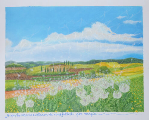 Campo di soffioni con semi che volano nel vento, colline e alberi sullo sfondo sotto cielo azzurro.