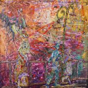 Opera Ombre a passeggio di Lucia Fiaschi – tre figure simboliche su un ponte, colori intensi, motivi ancestrali, bassorilievo acrilico, atmosfera dinamica e visionaria.