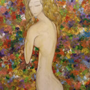 Sonia Paladini, Fiore, profilo femminile stilizzato che emerge tra numerosi fiori dai colori delicati.