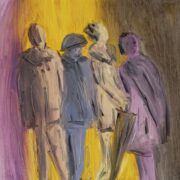 Pittura con quattro figure stilizzate illuminate da luce centrale in atmosfera contemplativa