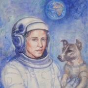 Astronauta donna con casco e cagnetta, opera figurativa di Gloria Geraci