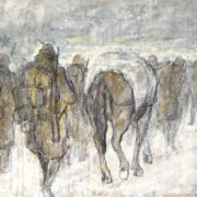 Raimondo Colantonio, Gli Alpini del Don in marcia, soldati e muli di spalle su fondo color juta.