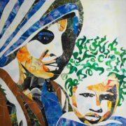 Due figure astratte e colorate, madre e bambino, rese da Laura Ruberto con frammenti materici e toni luminosi.