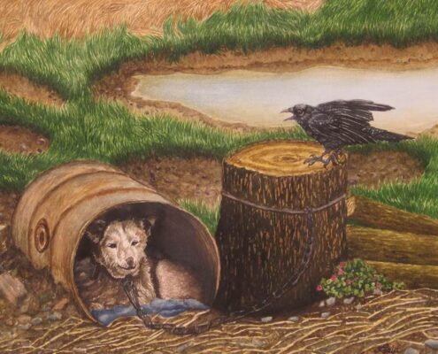 Cucciolo in un barile legato a un ceppo, con corvo posato sopra; scena simbolica tra natura, vulnerabilità e libertà.