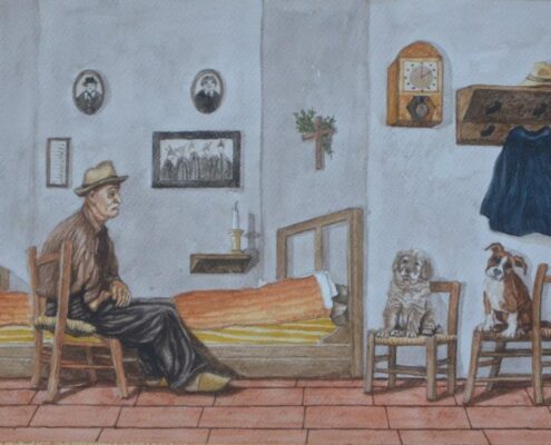 Uomo seduto in una stanza semplice con due cani su sedie davanti a lui; scena domestica e contemplativa.