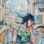 Donna china sul tavolo in una stanza, figura astratta in solitudine – opera di Mario Gavazzi