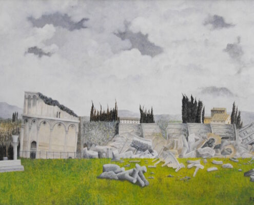 Dipinto di Franco Damiani con rovine classiche in paesaggio rurale e torre crollata