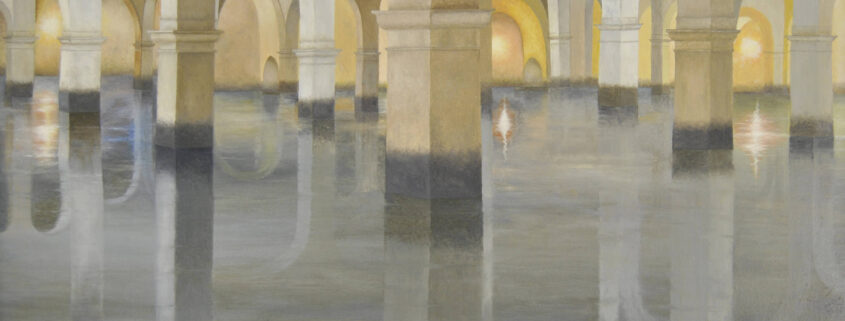 Dipinto di Franco Damiani con interno del Cisternone di Livorno e riflessi nell’acqua