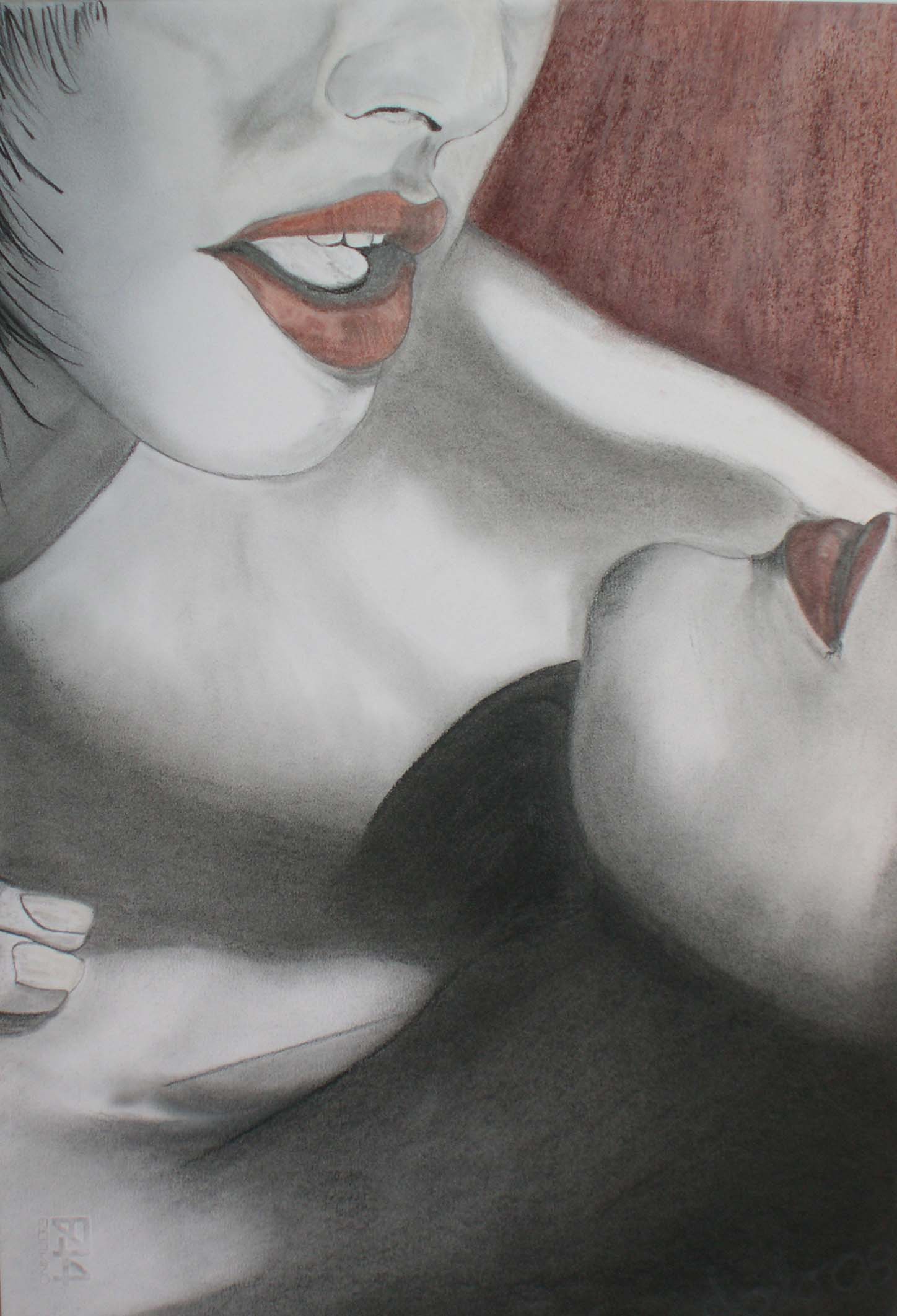 Disegno in bianco e nero con due volti ravvicinati e labbra colorate in rosso, in un’atmosfera intima.