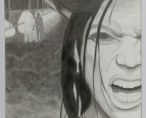 Disegno a matita di un volto urlante in primo piano e due figure che camminano su un viale illuminato nella nebbia.