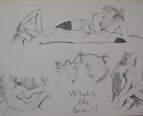 Disegno a matita con figure umane in pose affettuose e sovrapposte, dedicate al tema dell’amore.