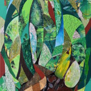 Dipinto astratto di Laura Ruberto con acrilici e collage su tela, verde che emerge dalla terra come simbolo di rinascita.