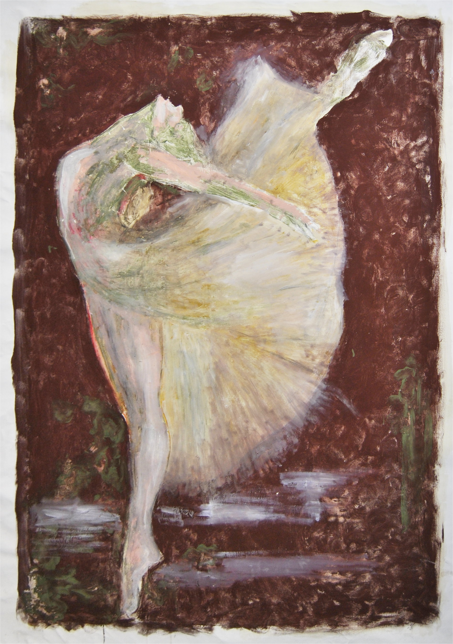 Danzatrice in equilibrio con gamba tesa all’indietro e tutù chiaro, su fondo scuro materico, opera di Alessandra Puntoni.
