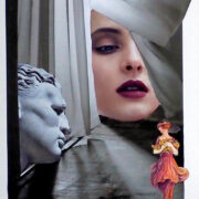 Collage con volto femminile tra drappi, testa scultorea classica e figura vintage in abito colorato.