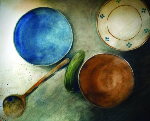 Irene Guerrieri, In cucina, acquerello di una tavola apparecchiata illuminata da luce radente
